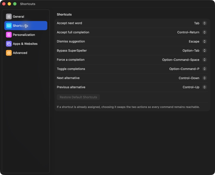 SuperSpeller's native Shortcuts settings: Tab accepts the next word, Control–Return accepts the full completion, and Escape dismisses a suggestion.